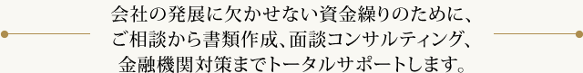 会社の発展に欠かせない資金繰りのために、ご相談から書類作成、面談コンサルティング、金融機関対策までトータルサポートします。
