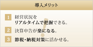 導入メリット 1 経営状況をリアルタイムで把握できる。2 決算申告が楽になる。3 節税・納税対策に活かせる。