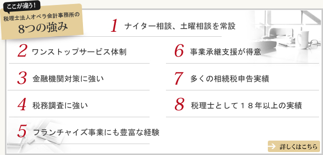 ここが違う！ 渋谷区の税理士法人オペラ会計事務所の8つの強み 1 フランチャイズ事業に精通 2 ワンストップサービス体制 3 金融機関対策に強い 4 税務調査に強い 5 ナイター相談、土曜相談を常設 6 事業承継支援が得意 7 多くの相続税申告実績 8 税理士として18年以上の実績